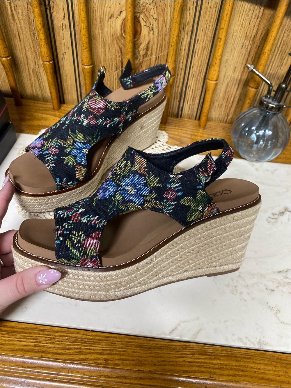 Corkys Black Floral Canvas Espadrille Wedge Sandals